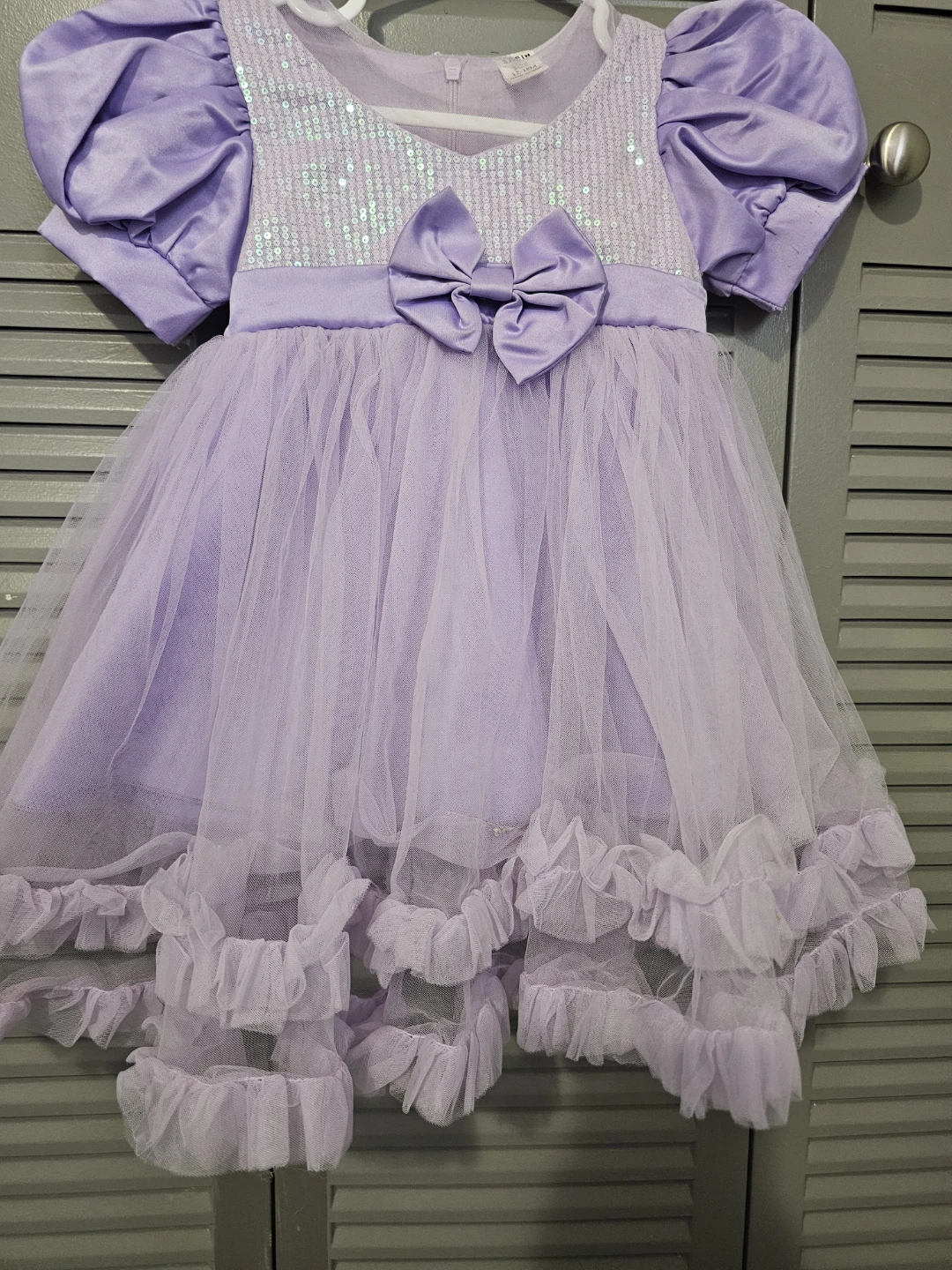 Purple Puffy Sleeve Tulle Dress with Sequins and Bow - photo 3