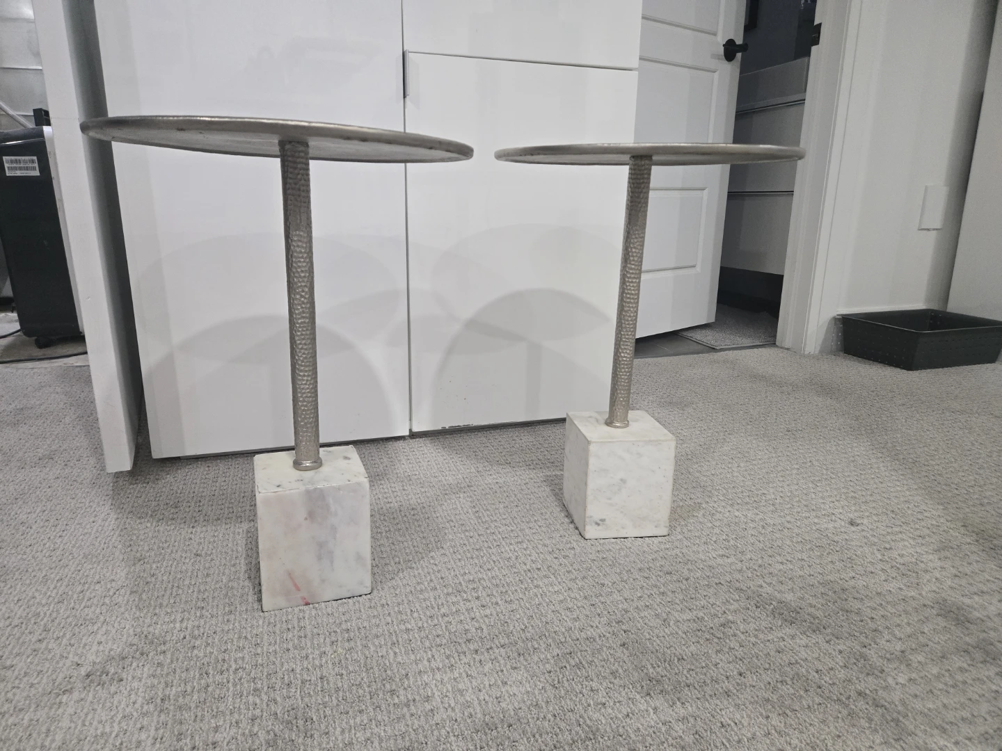 Set of 2 Hammered Metal Top Side Tables with Marble Base x2