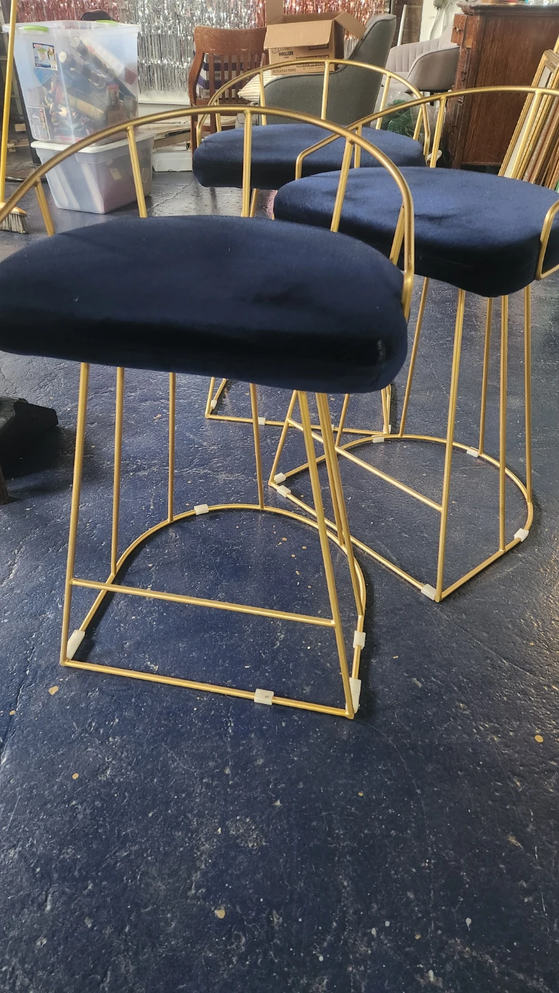 Set of 4 Navy Velvet Bar Stools with Gold Legs