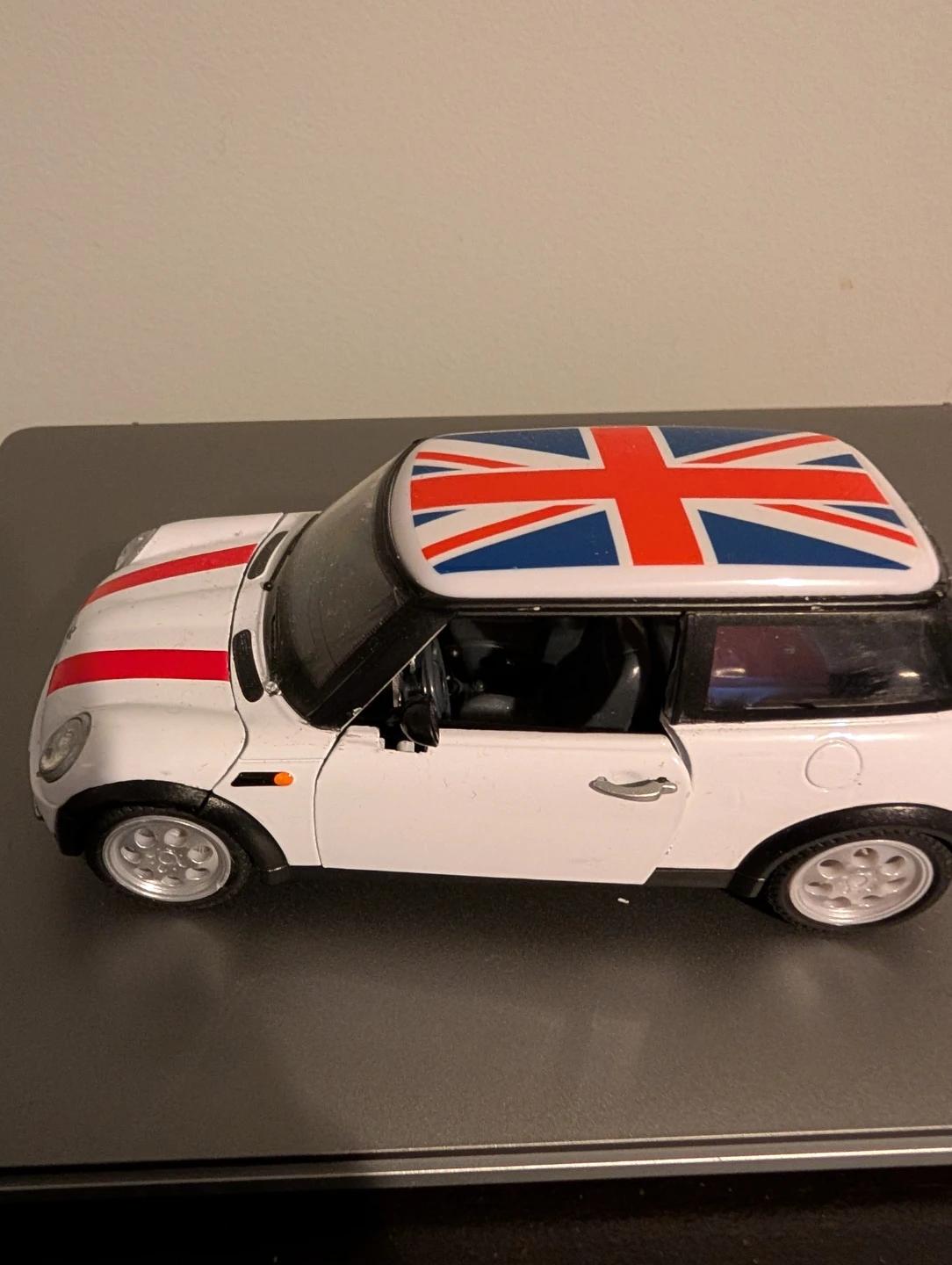 White MINI Cooper Toy Car with Union Jack Roof