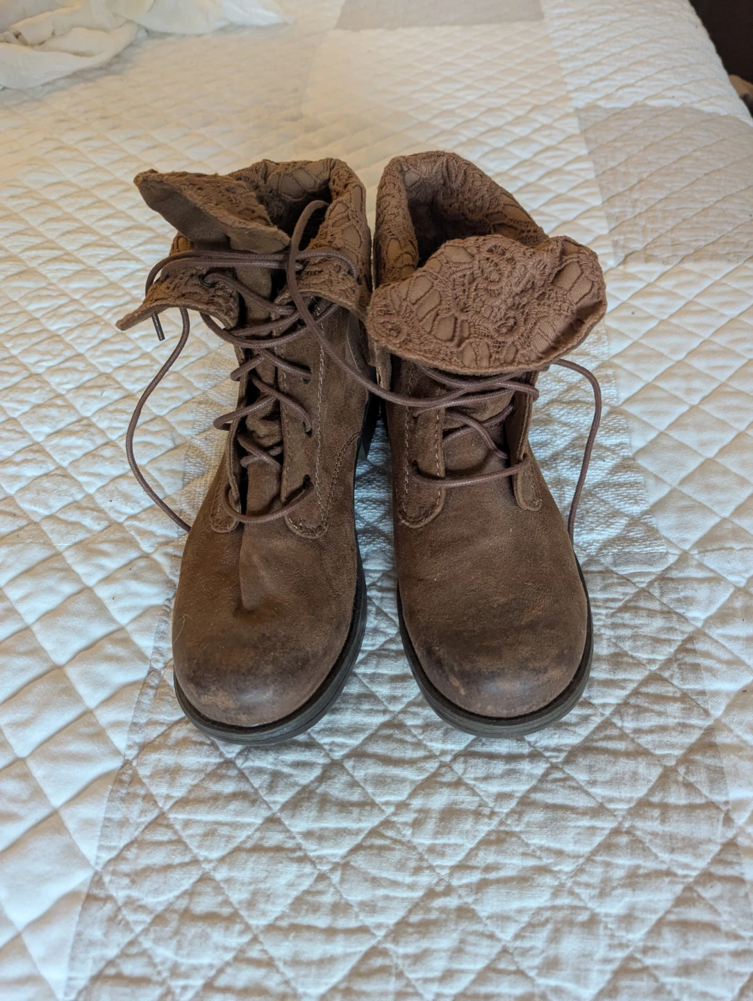 American Eagle Brown Faux Suede Lace-Up Boots with Lace Cuff