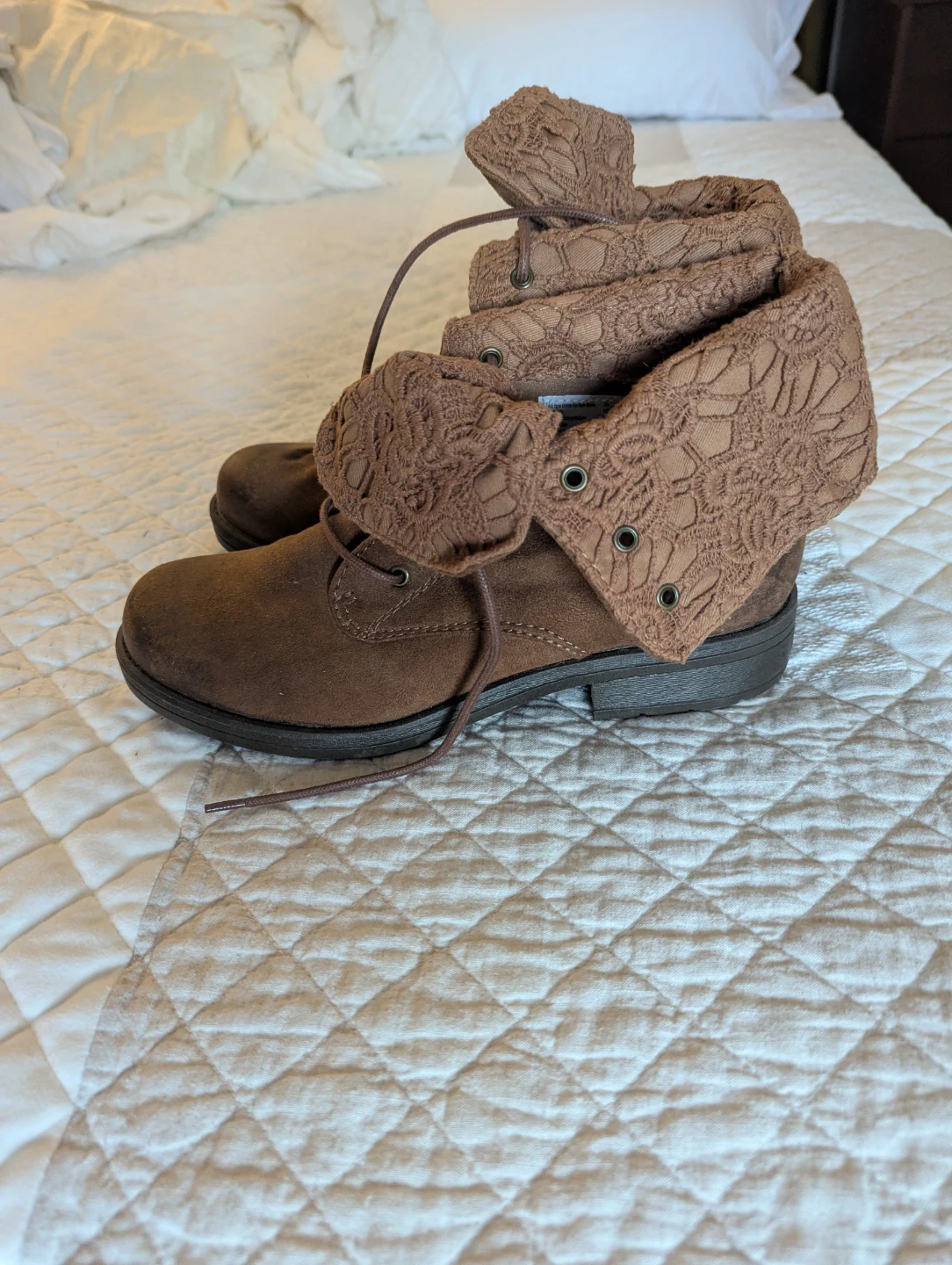 American Eagle Brown Faux Suede Lace-Up Boots with Lace Cuff - photo 2