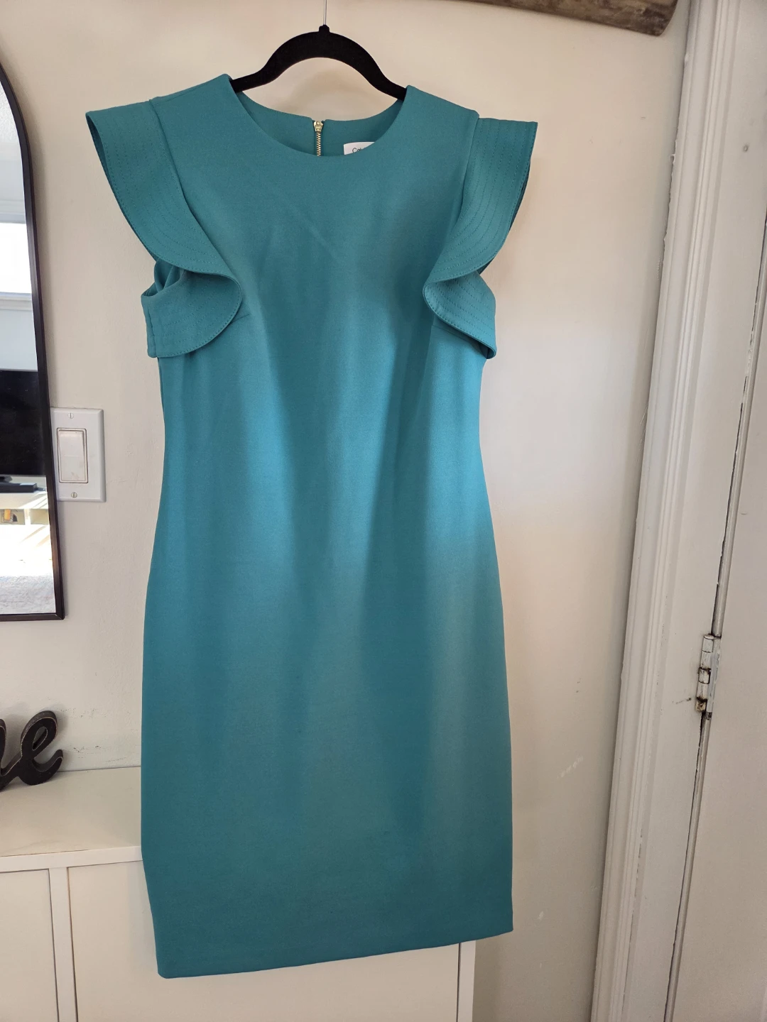 Calvin Klein Teal Blue Sheath Dress with Ruffle Sleeves