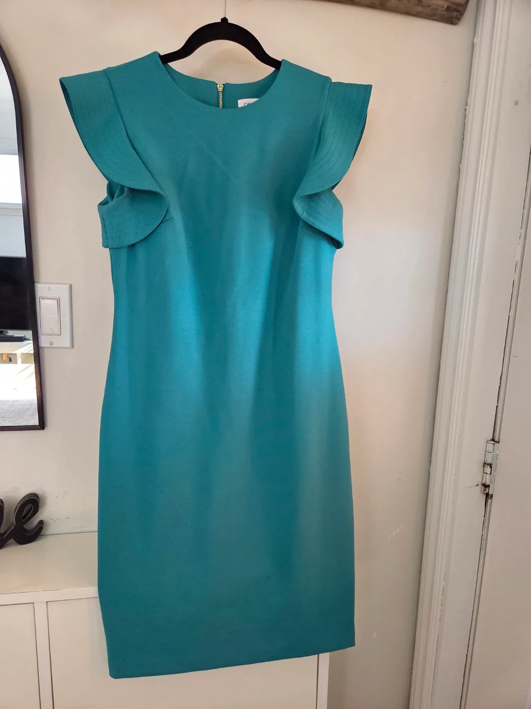 Calvin Klein Teal Blue Sheath Dress with Ruffle Sleeves