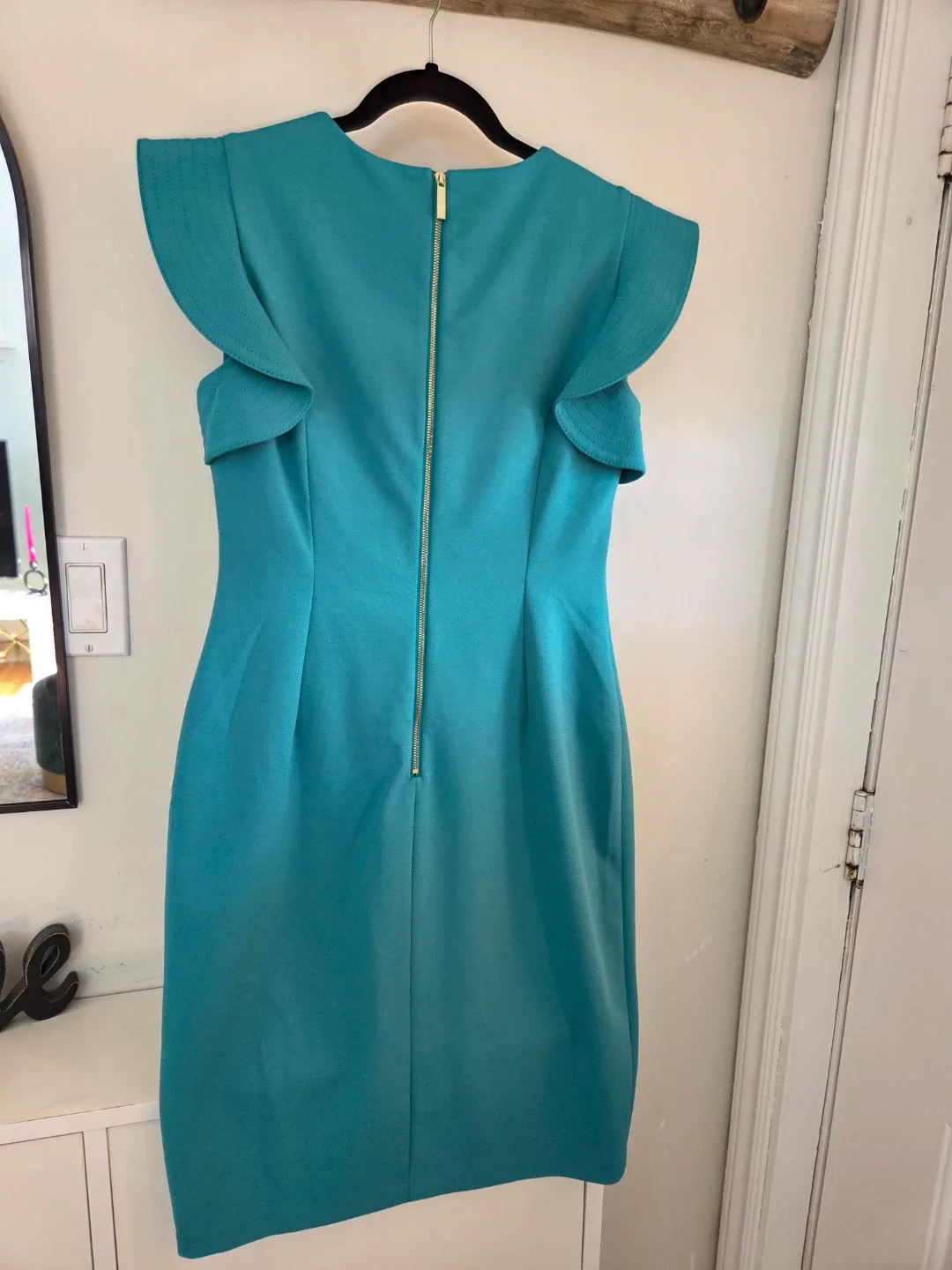 Calvin Klein Teal Blue Sheath Dress with Ruffle Sleeves - photo 2