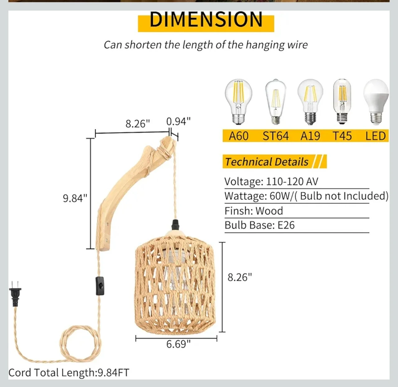 2 Woven Rope Plug-In Wall Sconce Light Fixture - photo 3