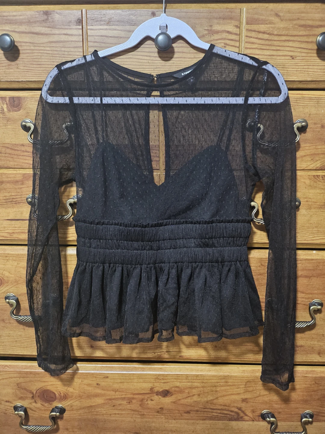 Express Black Sheer Dot Long Sleeve Top