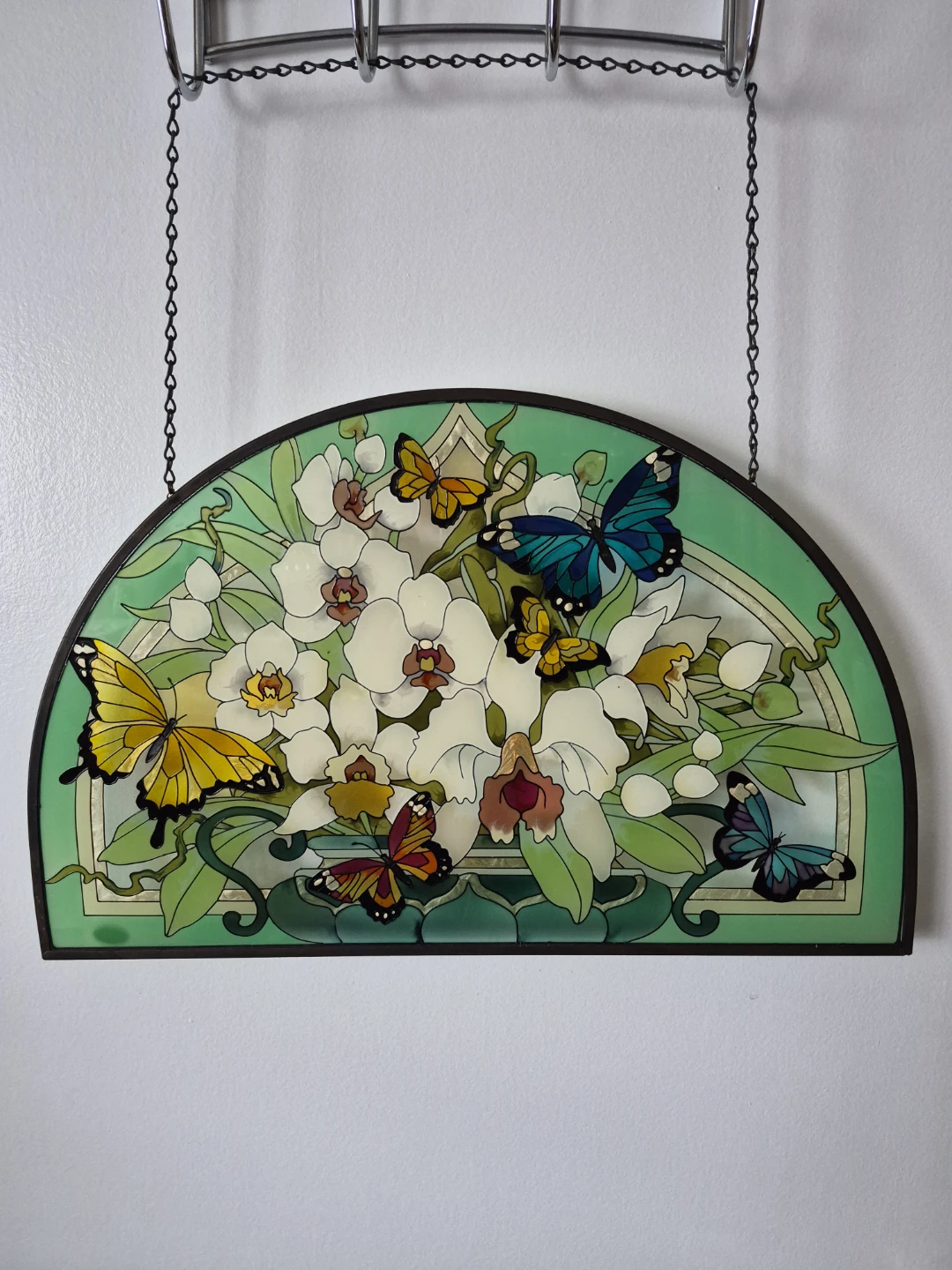 Painted Glass Butterfly and Orchid Suncatcher