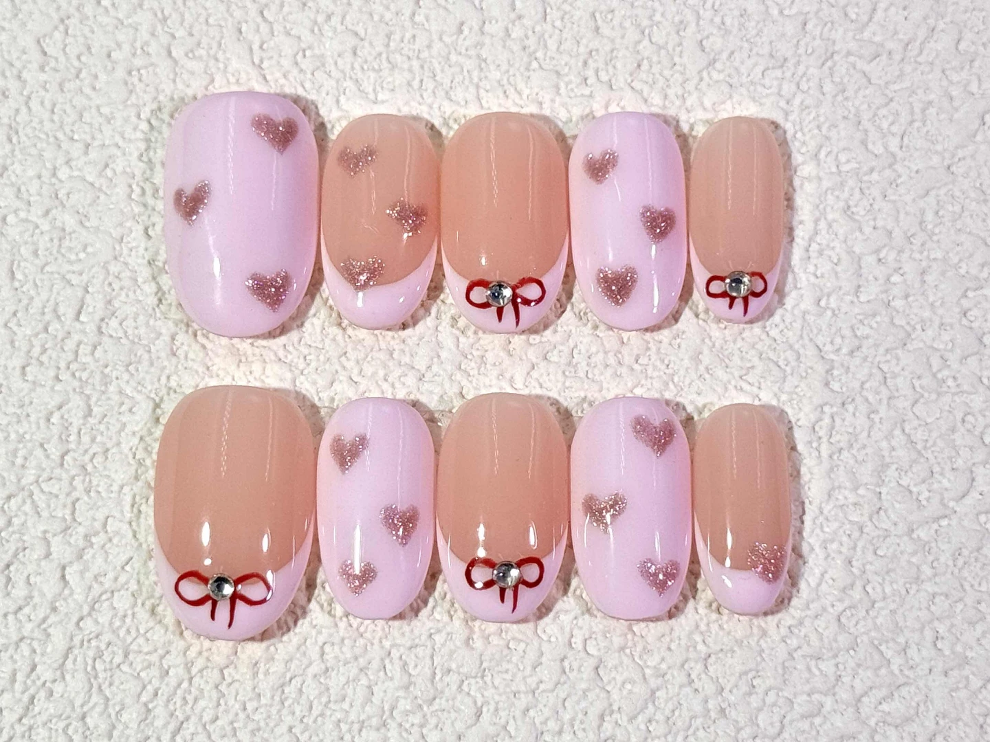 Handmade Press-on Nails - Pink Hearts & Bows Design