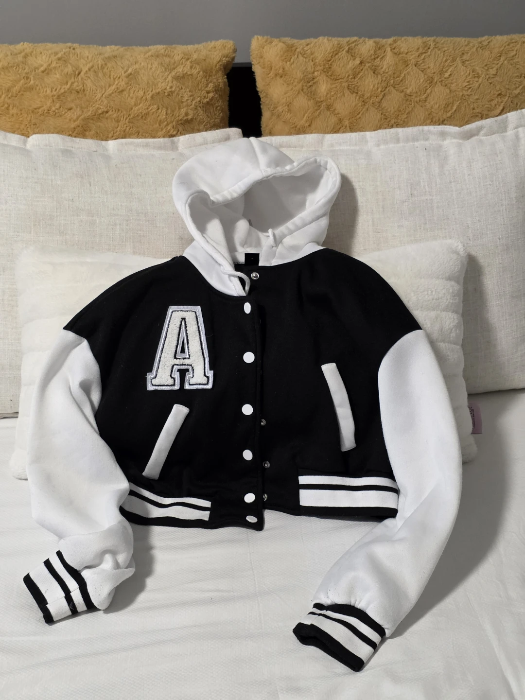 Black and White Varsity Bomber Jacket with Hood