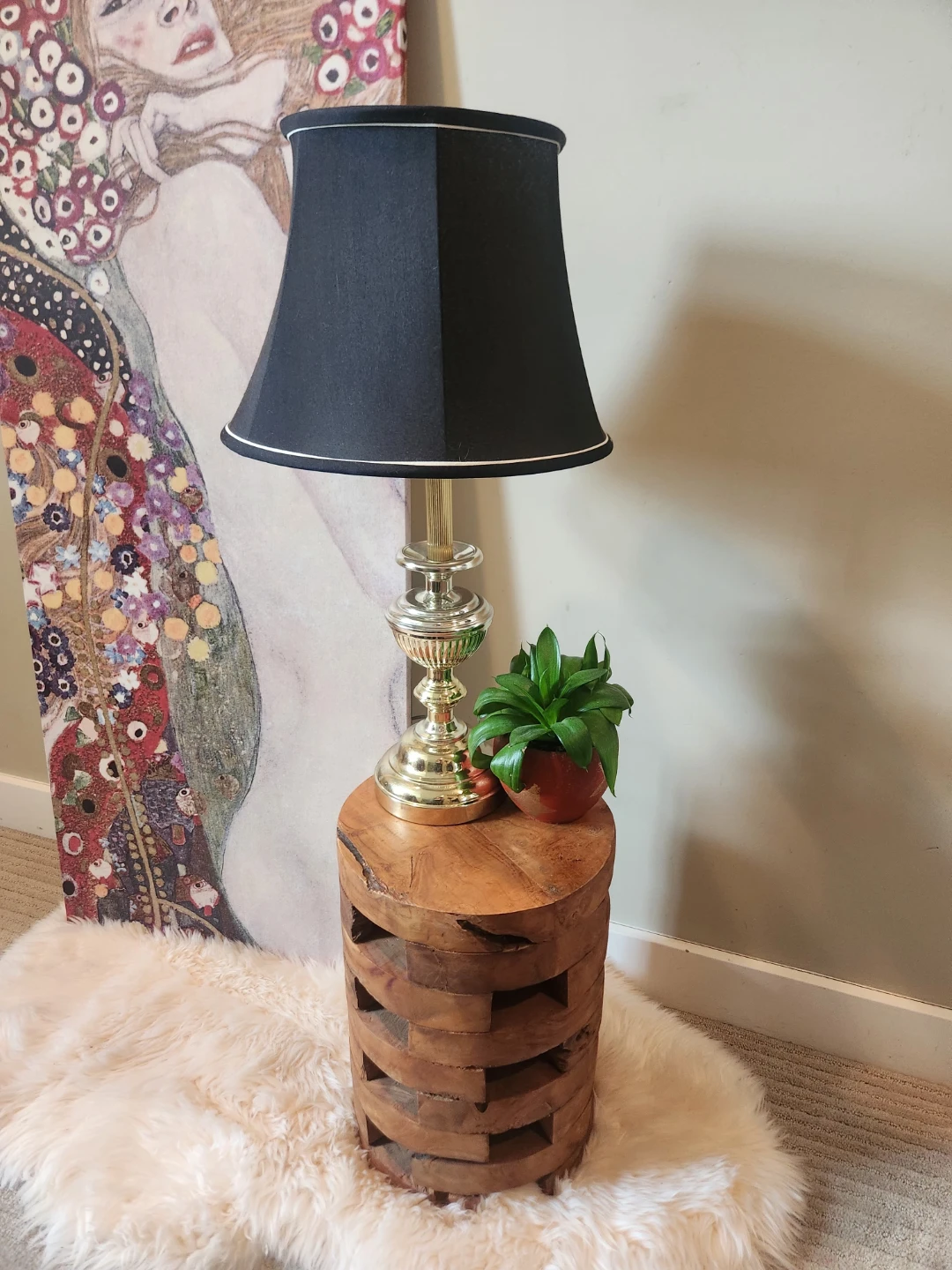 Vintage Brass TRI LIGHT Table Lamp with Black Shade