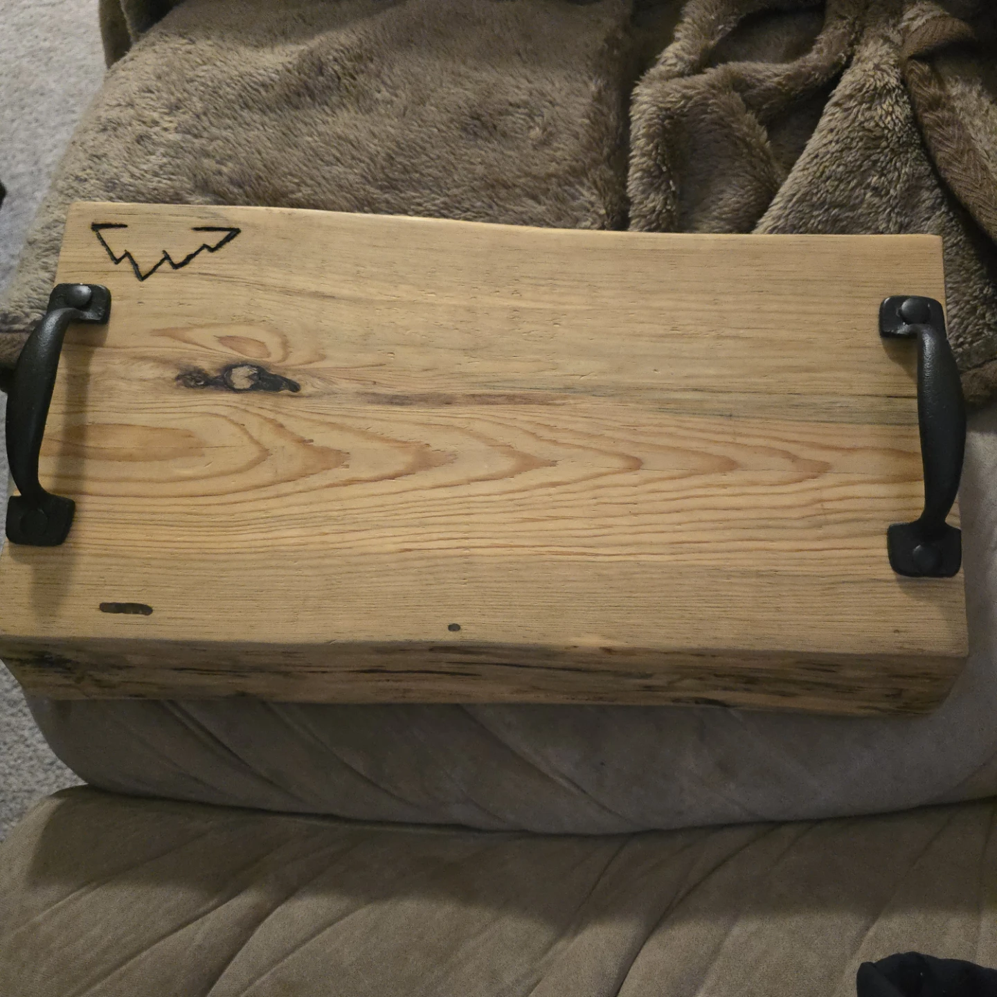 Wooden Serving Tray with Mountain Engraving and Black Handles