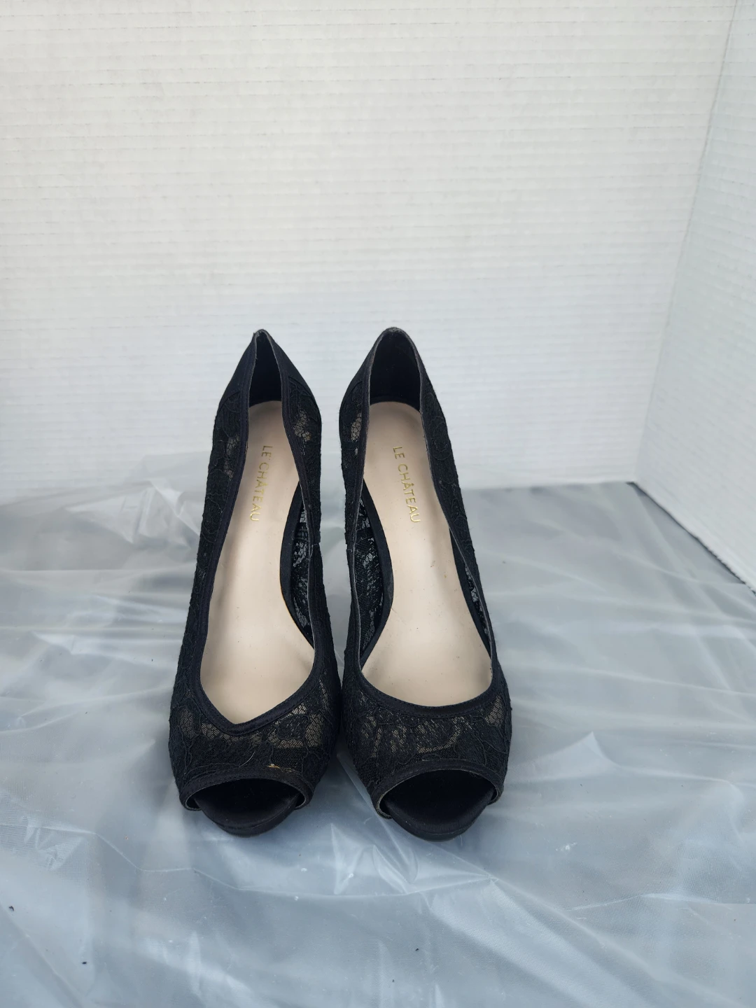 Le Château Black Lace Peep-Toe Heels