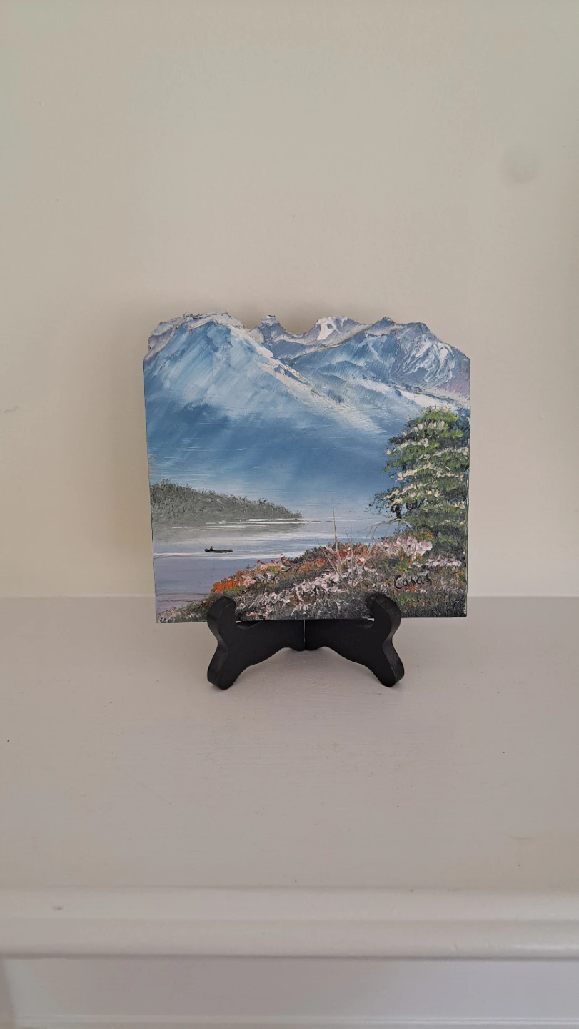 Signed Mountain Landscape Oil Painting on Slate