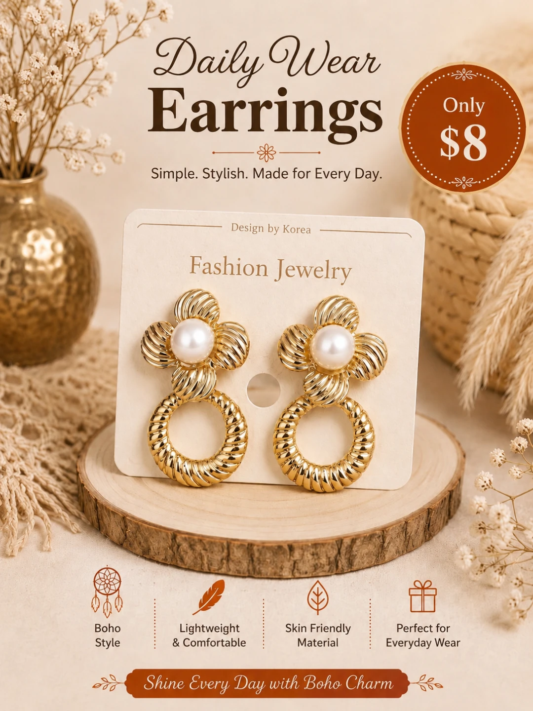 Gold Tone Flower Pearl Fashion Earrings