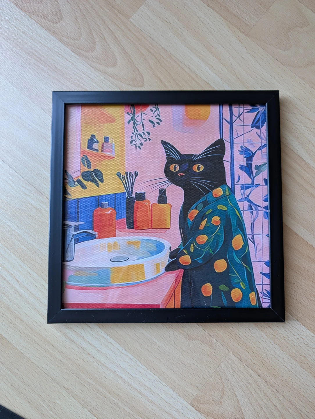 Framed washroom Art Print black cat bathroom decor