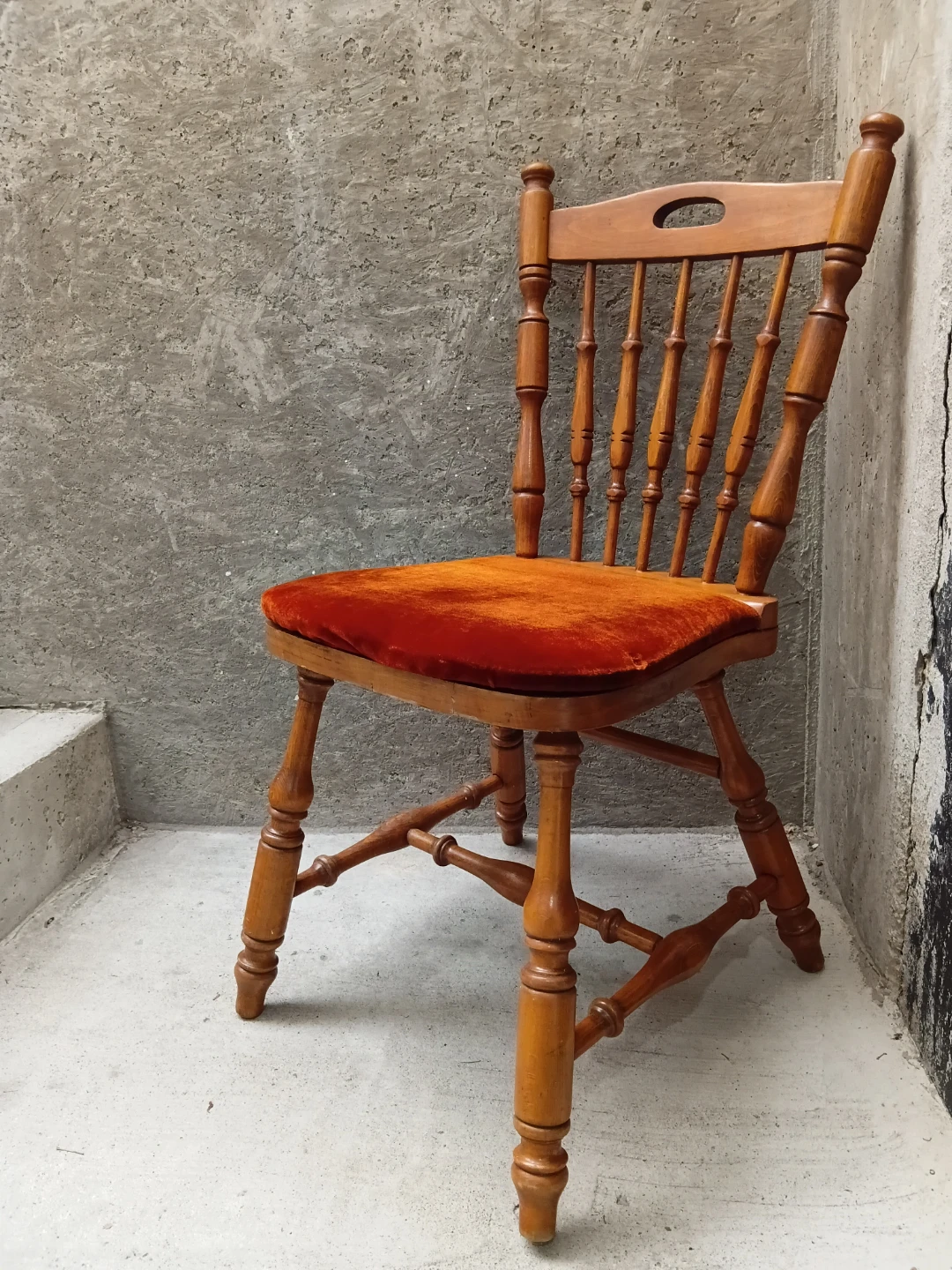 Two Strong Wooden Chairs with Orange Velvet Seat $75 Each