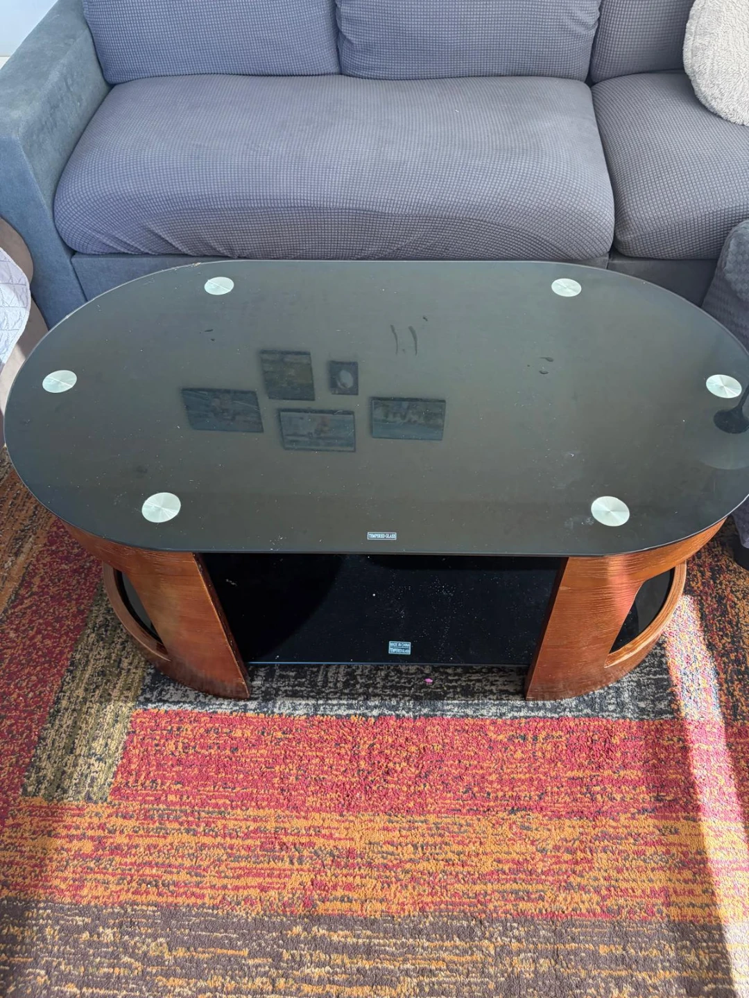 Oval Coffee Table with Wood Frame and Glass Top