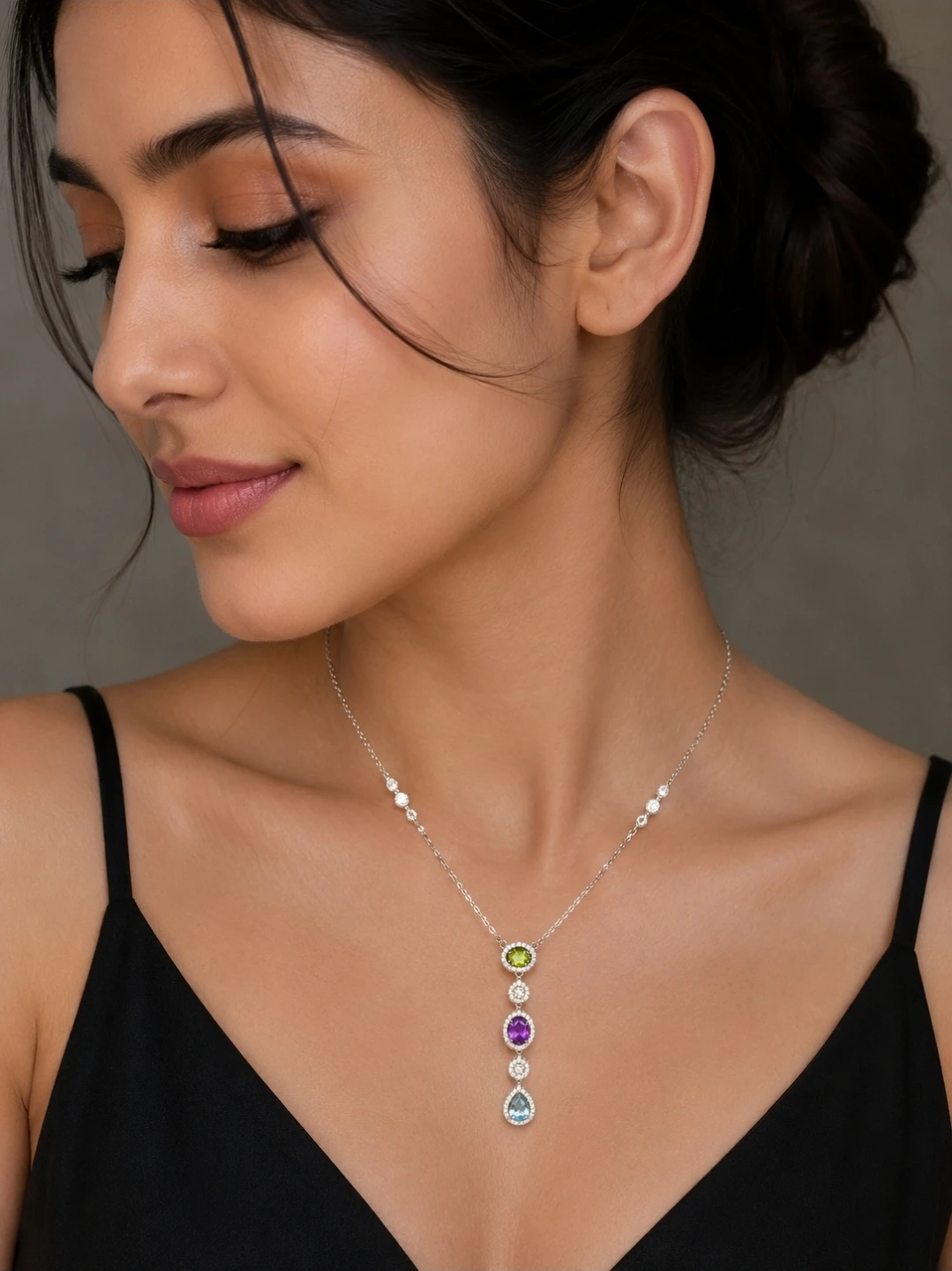 S925 Sterling Silver Multi Gemstone Dangle Necklace