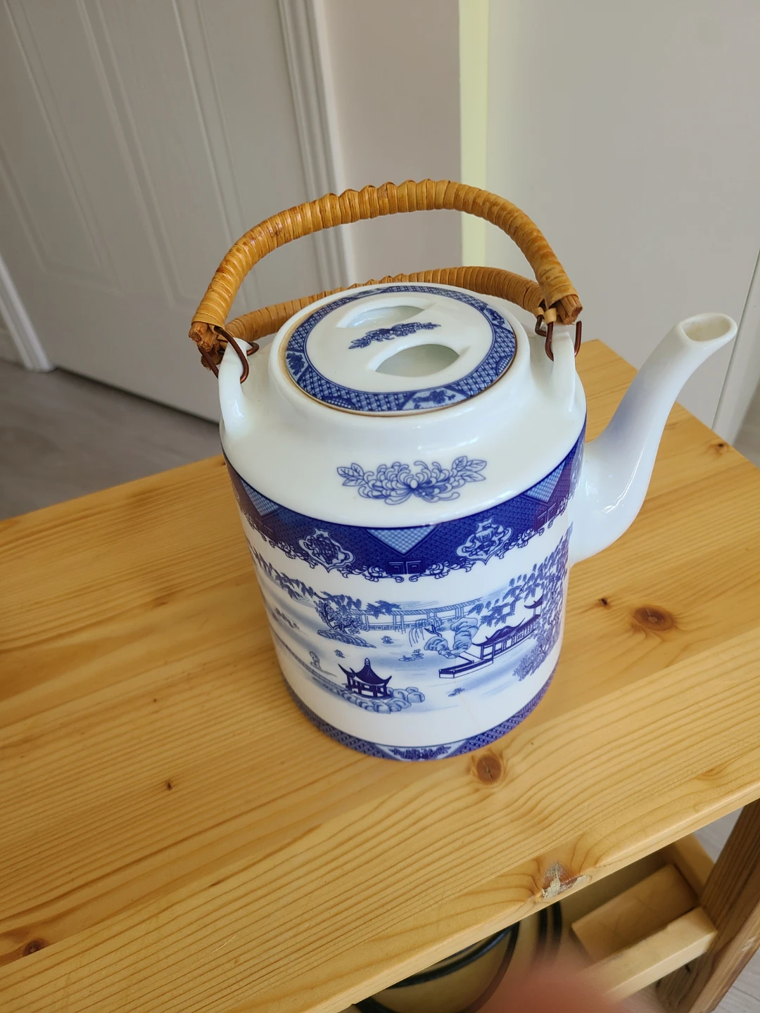 Blue and White Ceramic Teapot with Wicker Handle - photo 2