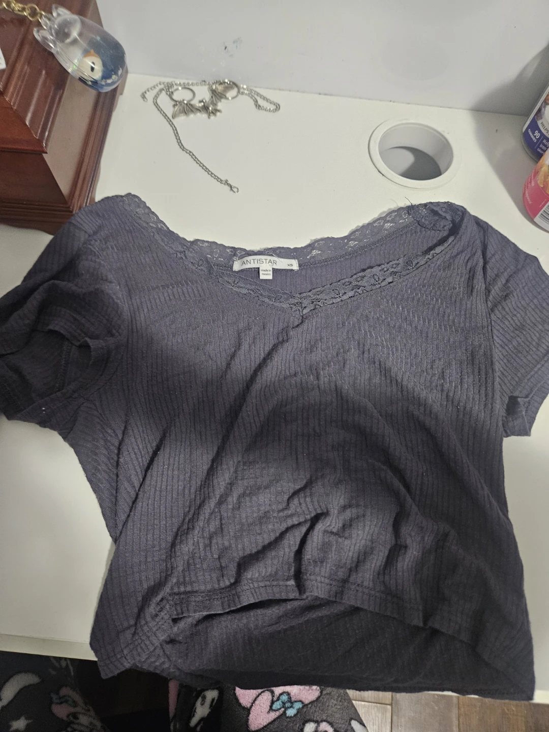 ANTISTAR Grey Ribbed Lace Trim Cropped Top - XS - photo 2