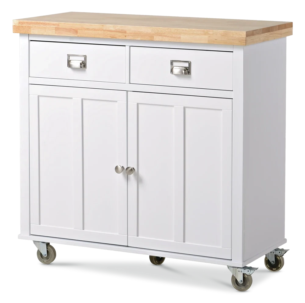 White Kitchen Island Cart with Wood Top and Wheels