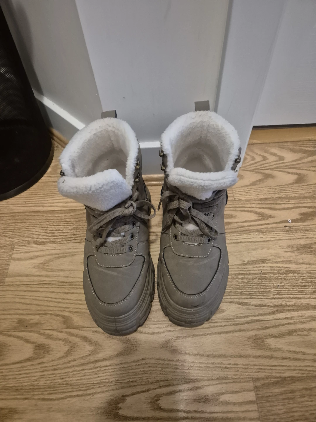 Grey Faux Leather Winter Boots with Sherpa Lining