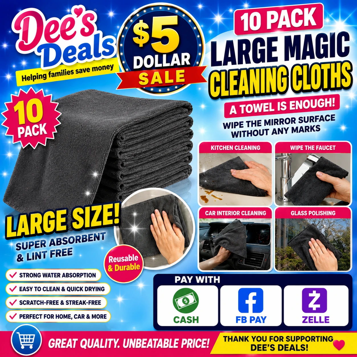 10 Pack Large Magic Cleaning Cloths $5