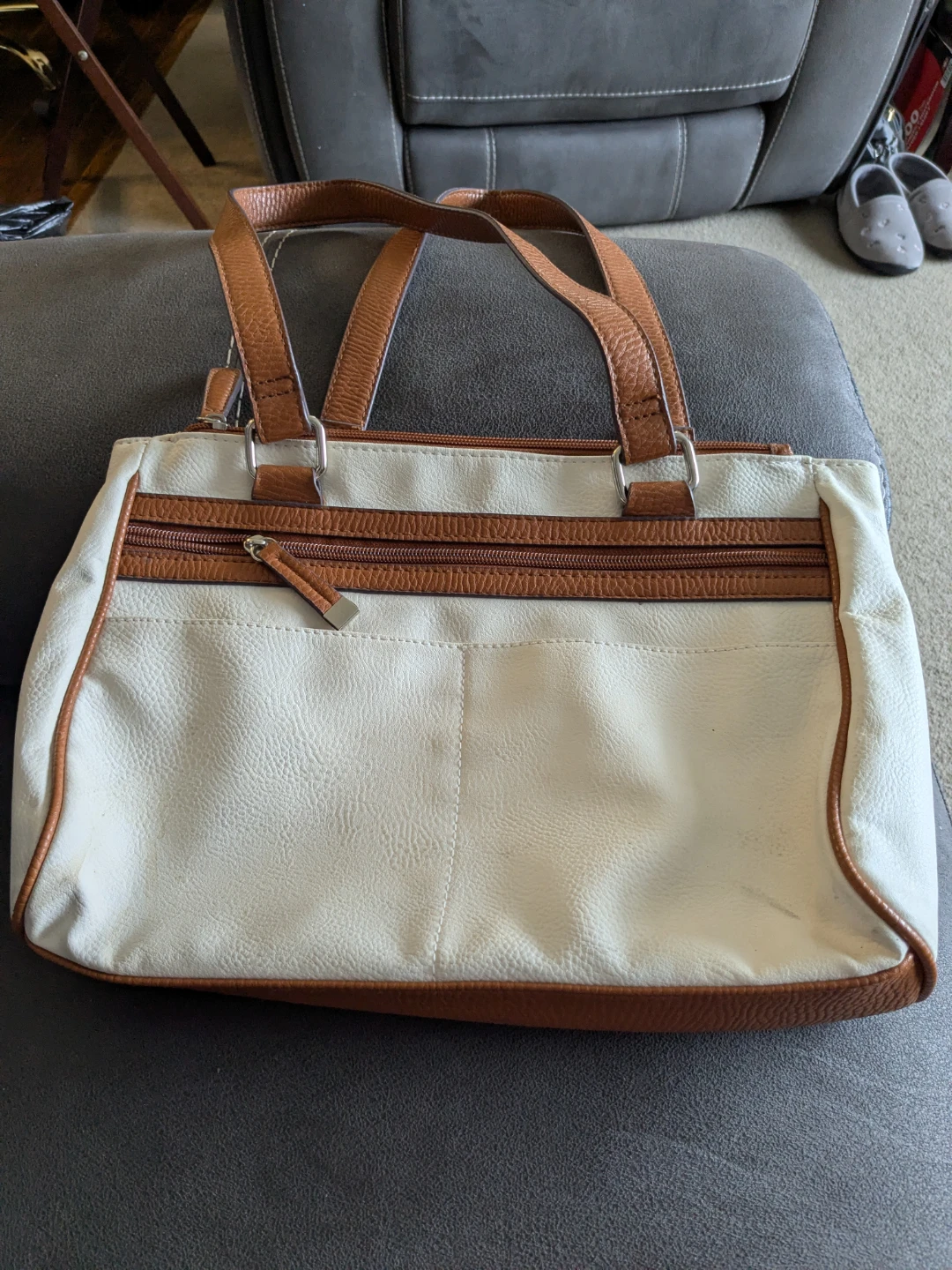 White and Brown Faux Leather Shoulder Bag