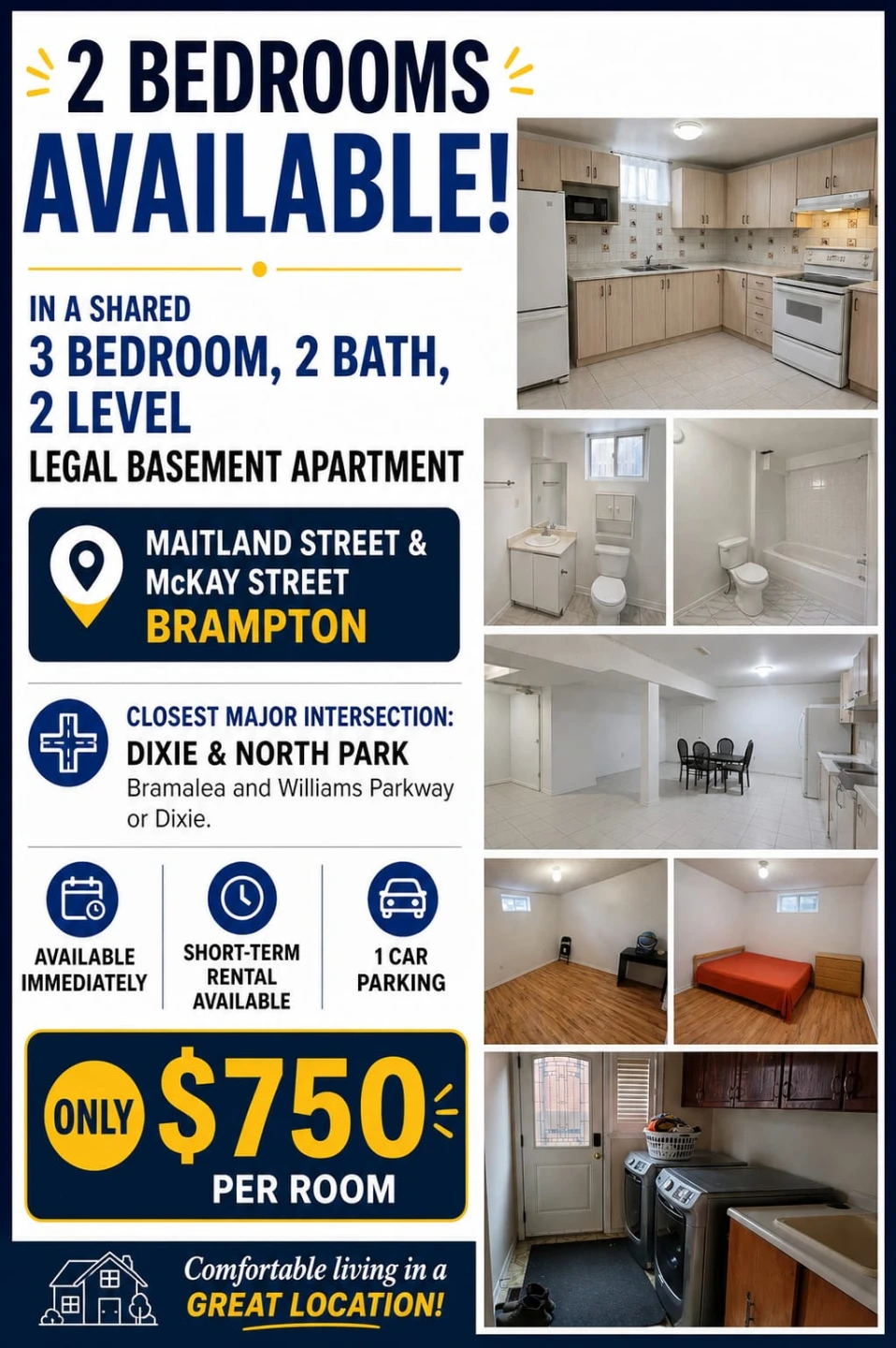 3 Bedroom 2 Bathroom Basement Bedrooms Available for $750!