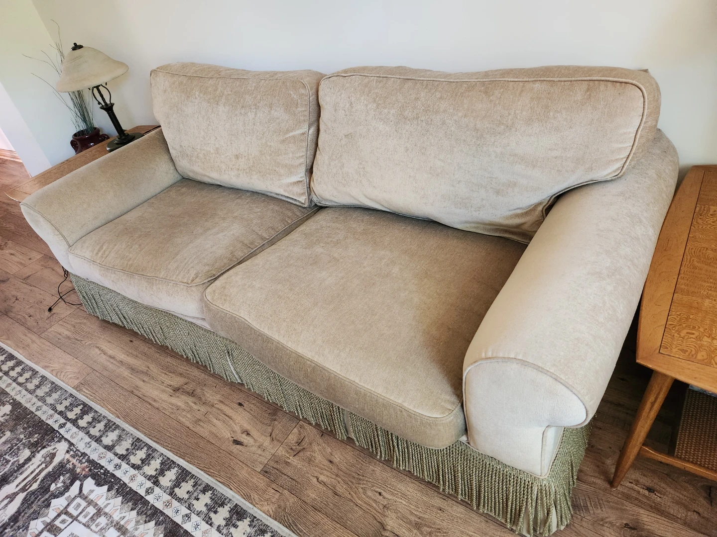 Beige Loveseat Sofa with Fringe Skirt - photo 4