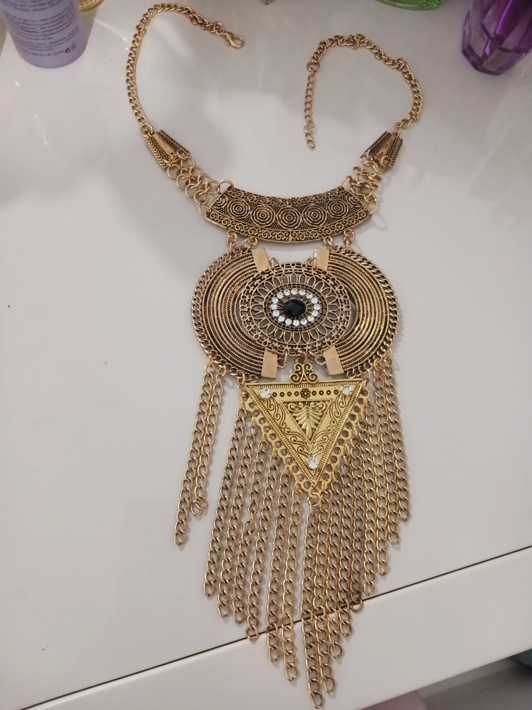 Gold Tone Statement Necklace with Black Gemstone - photo 2