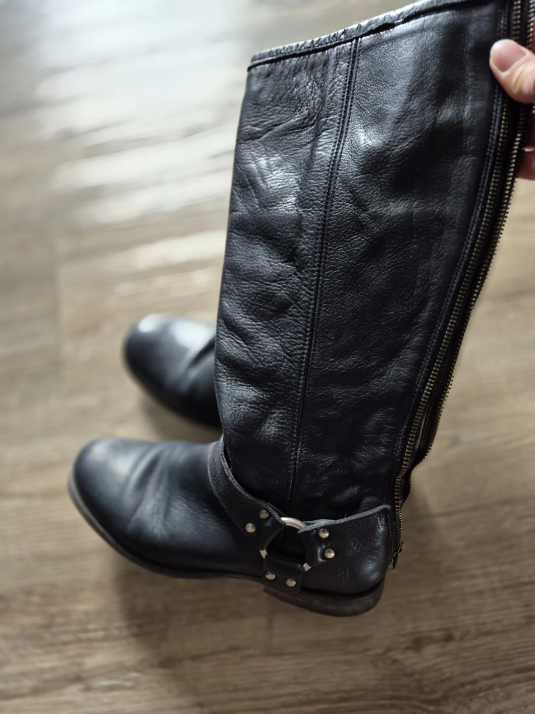 Frye Black Leather Knee-High Boots with Zipper
