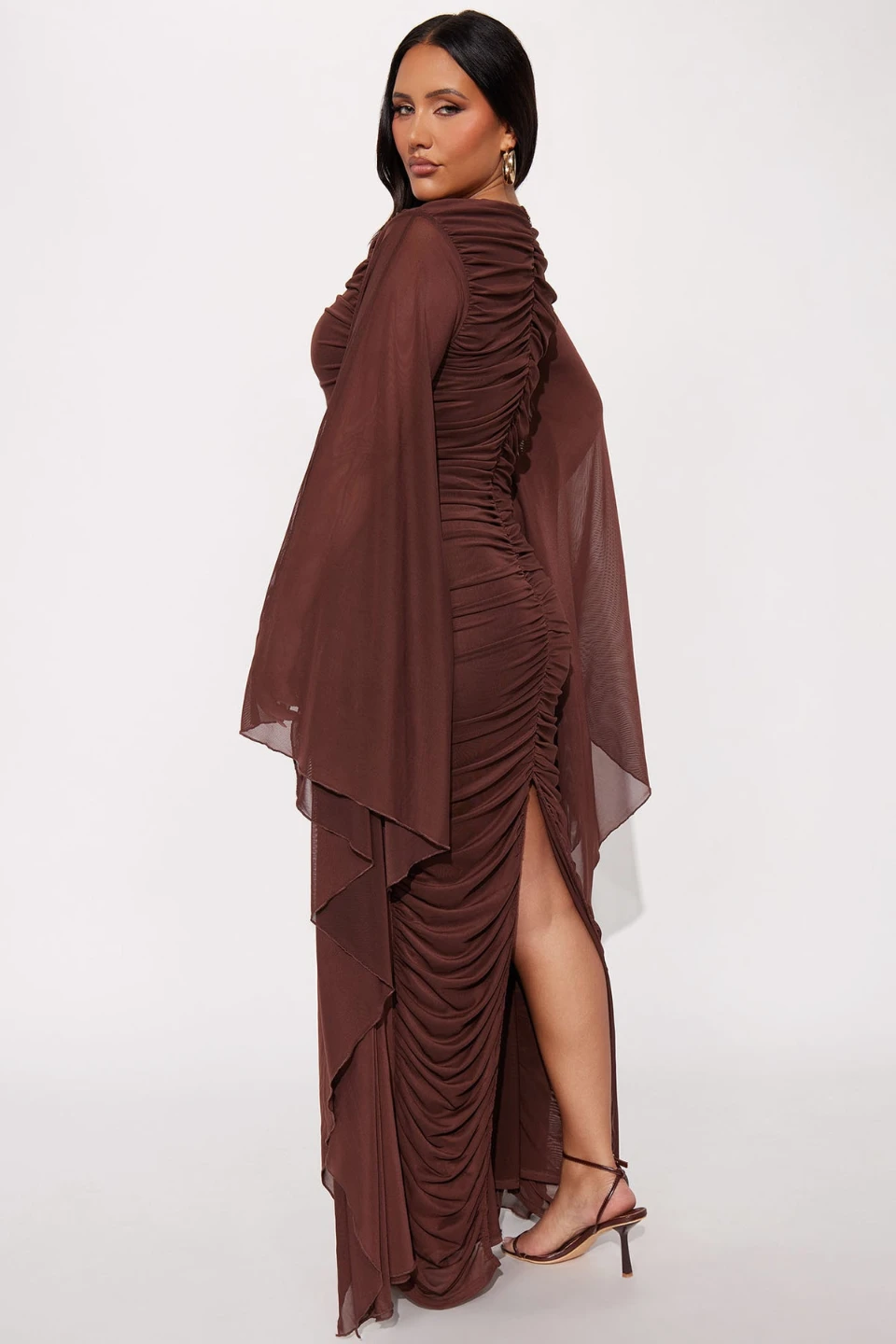 Brown Mesh Ruched Maxi Dress with Cape Sleeves - photo 2