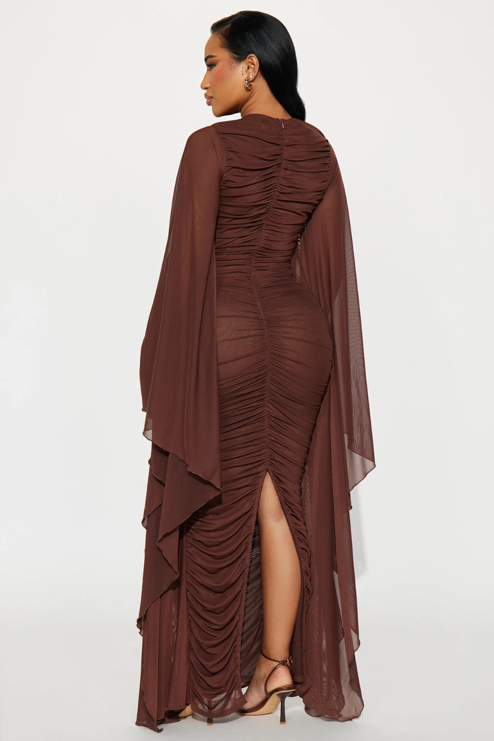 Brown Mesh Ruched Maxi Dress with Cape Sleeves - photo 3