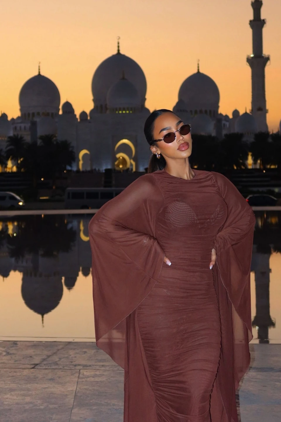 Brown Mesh Ruched Maxi Dress with Cape Sleeves - photo 4