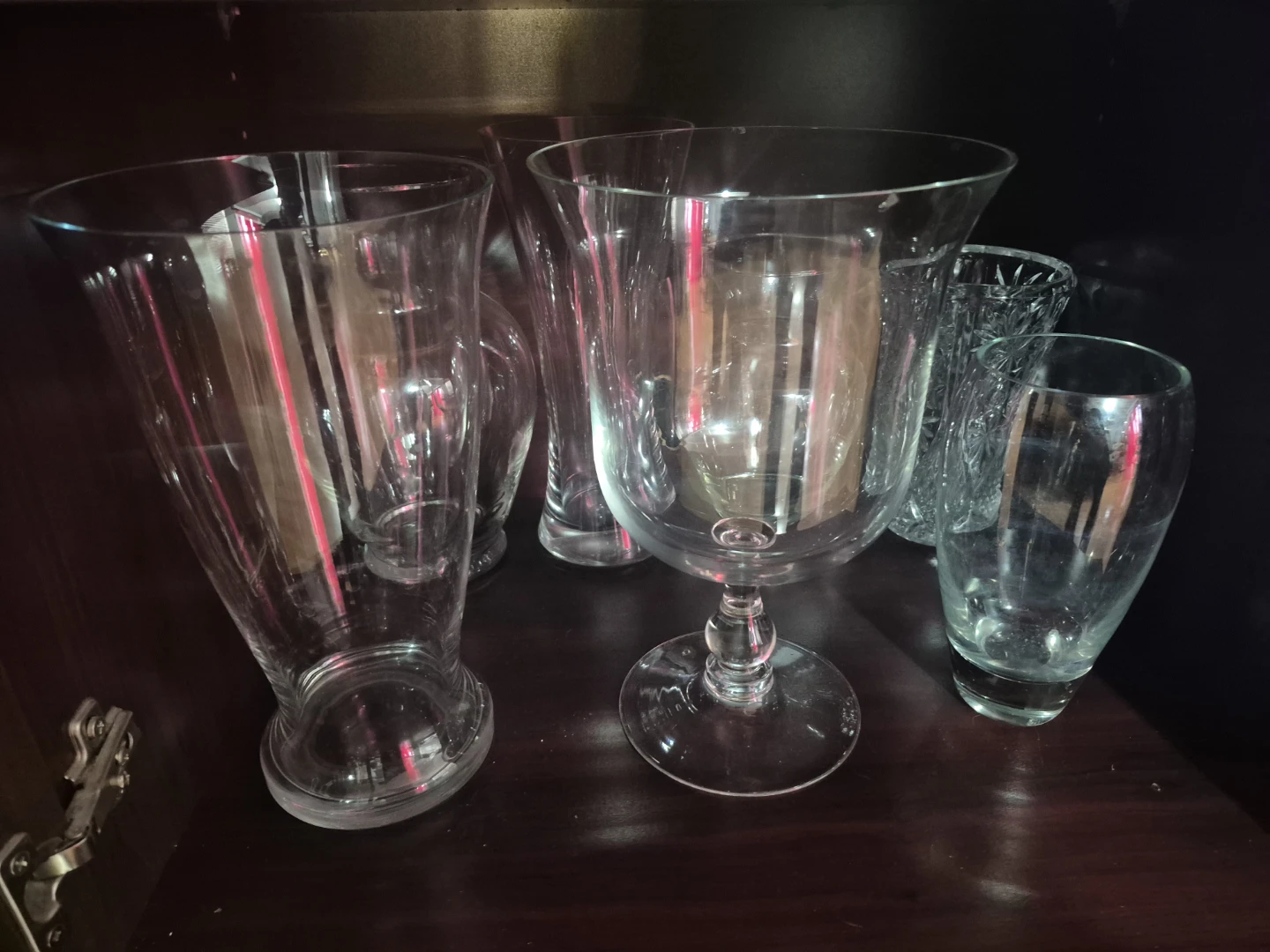 Set of 5 assorted clear glass vases