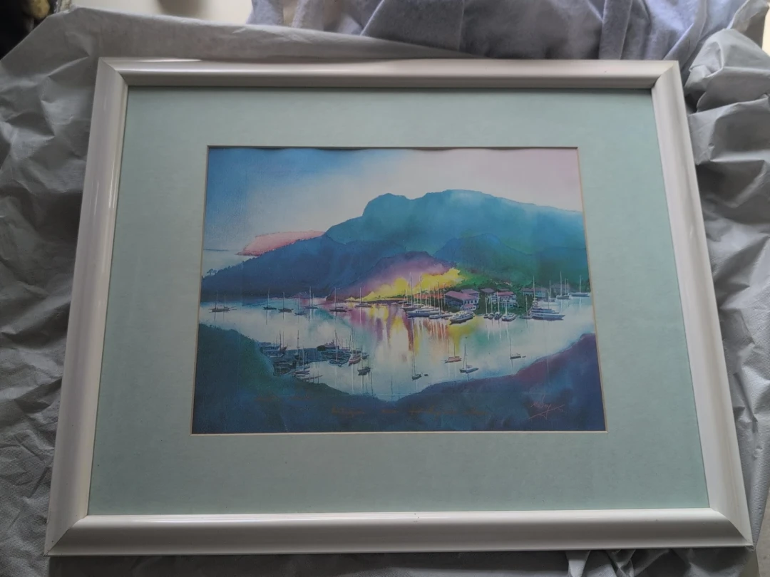 Framed Watercolour of a Marina at Sunset