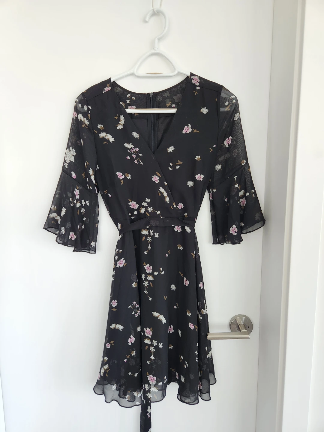 Black Floral Bell Chiffon Dress