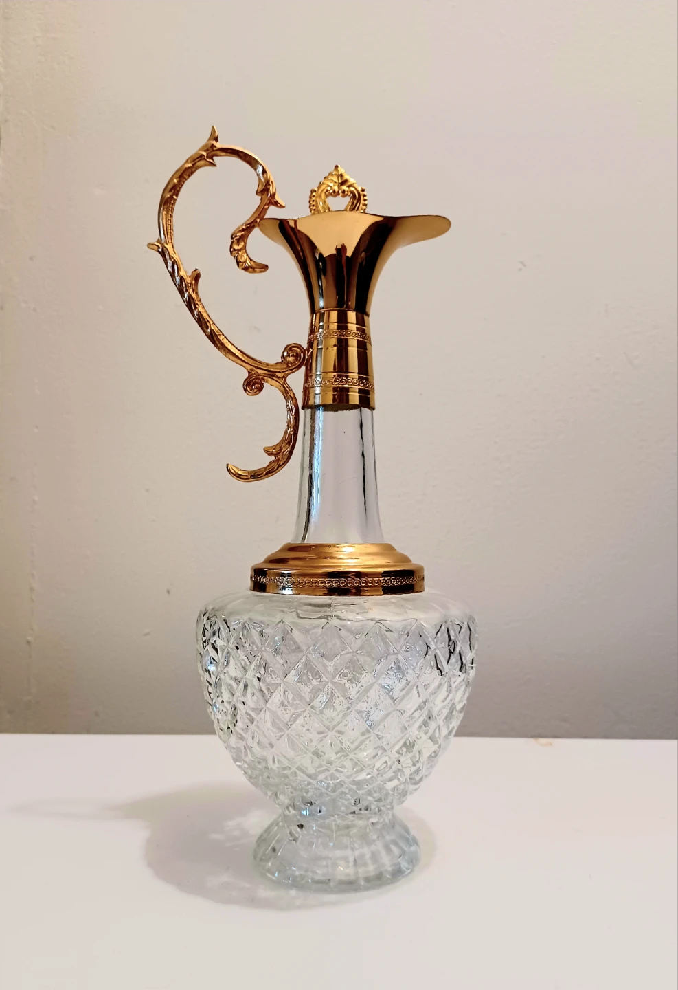 Gold Plated Hollywood Regency Hand Cut Crystal Carafe