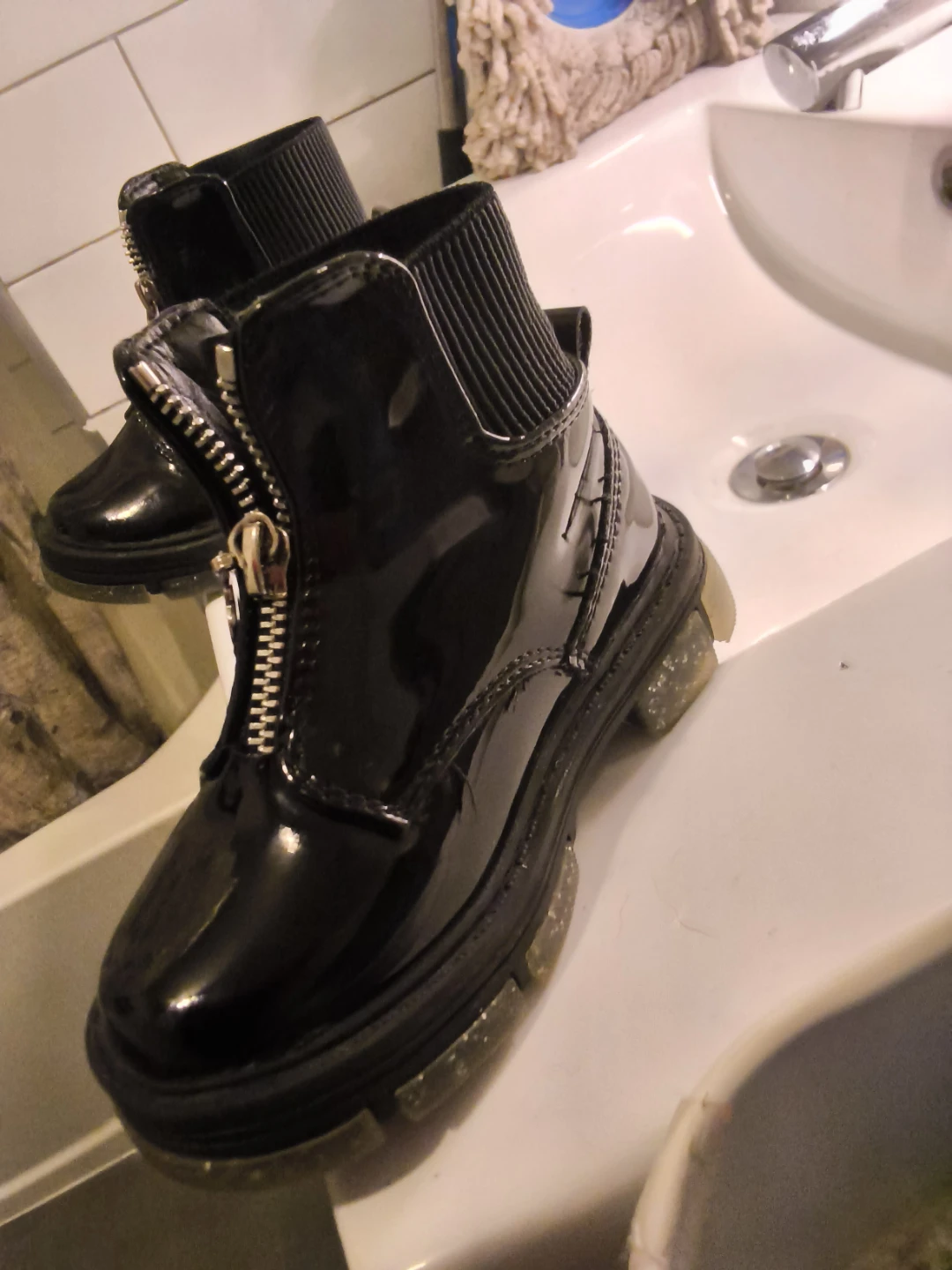 Black Patent Combat Boots with Zipper