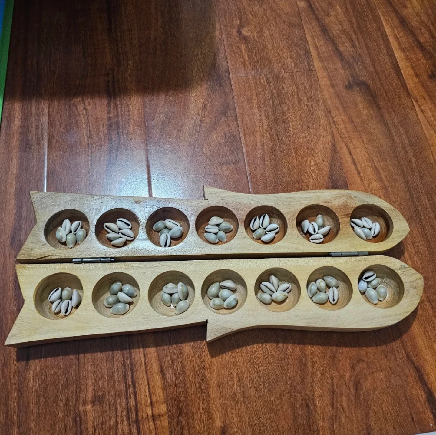 Wooden Mancala Game Board with Shells