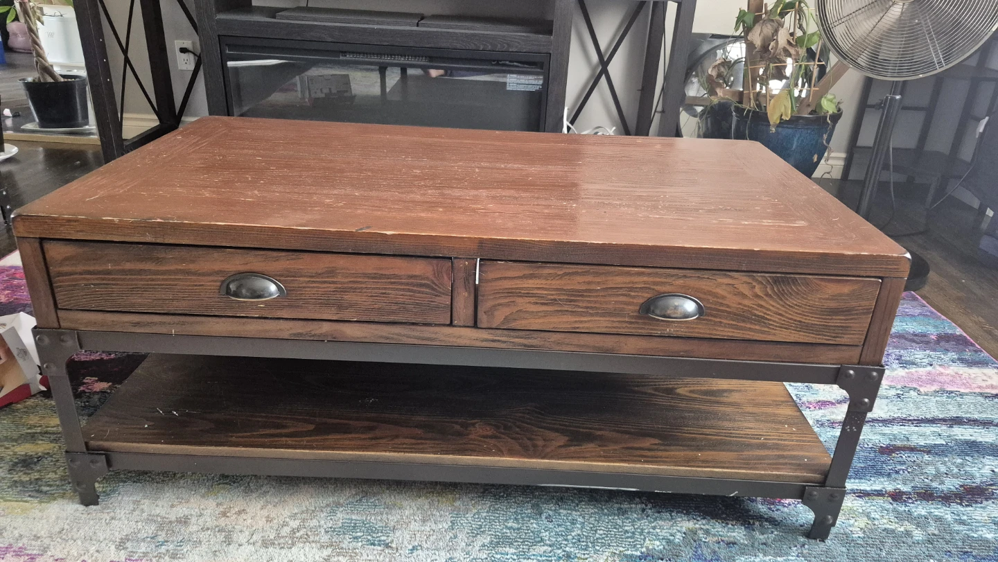 Rustic Wood Coffee Table with Drawers and end table