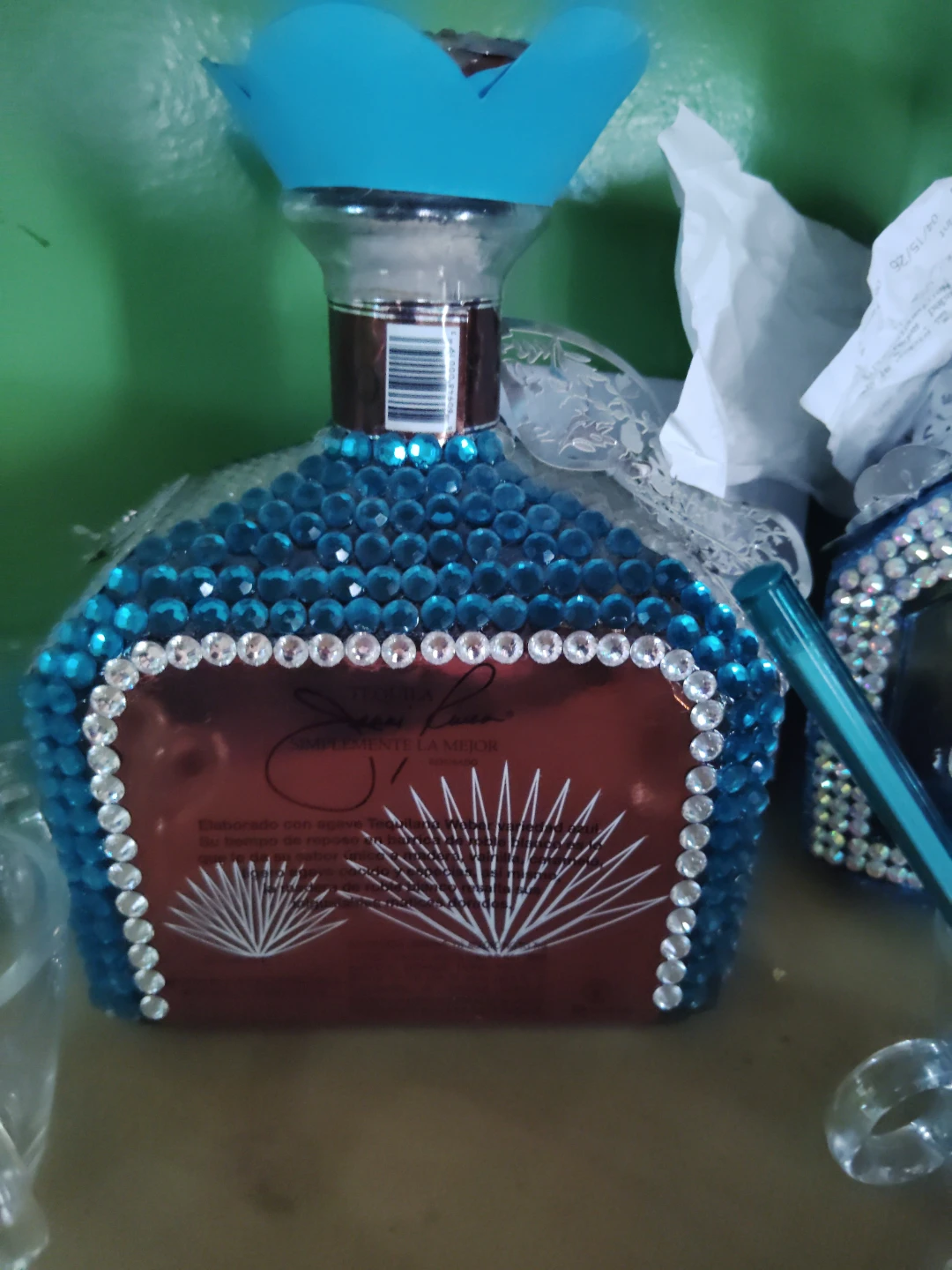 Custom Blue Rhinestone Jenni Rivera Tequila Bottle
