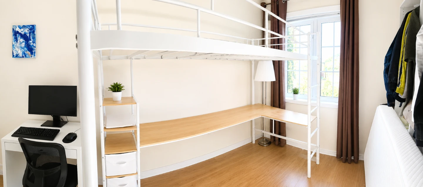 White Loft Bed with Built-in Desk and Shelving - photo 2