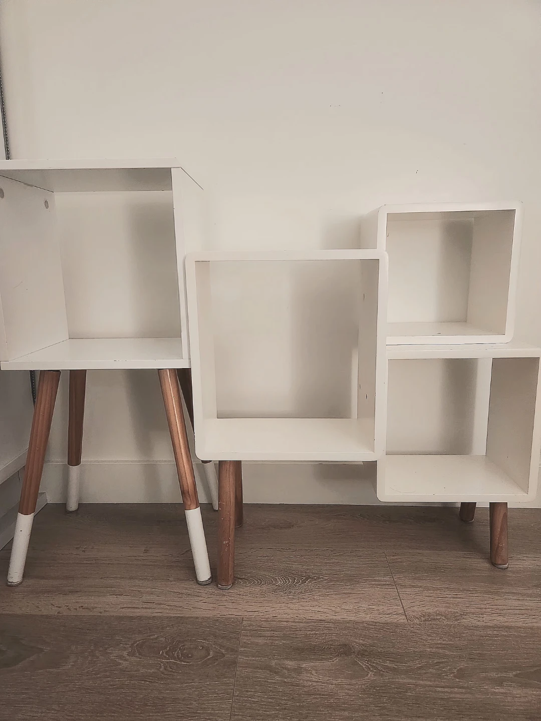 2 White Cube Shelf Units with Wood Legs
