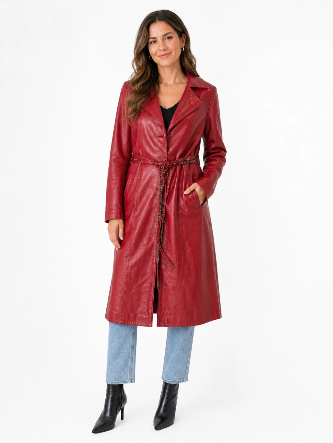 Red Genuine Leather Trench Coat size S