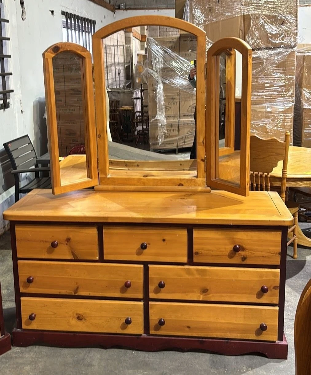 Solid Pine Dresser with Tri-fold Mirror