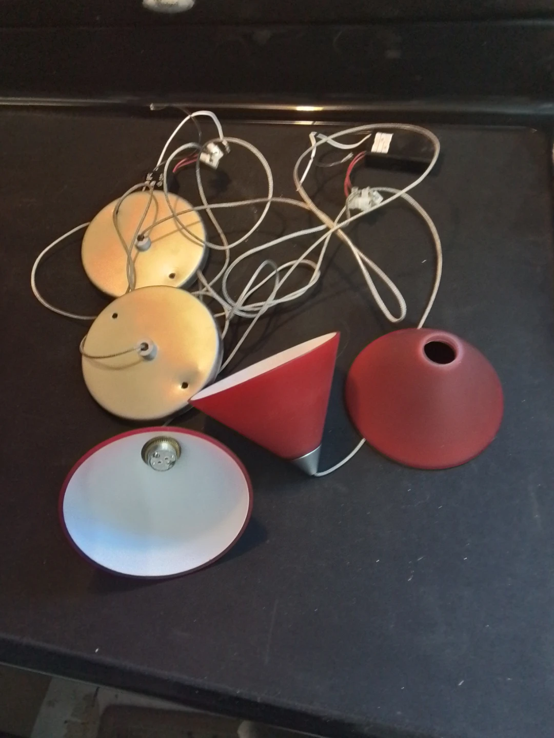 Lot of 3 MCM Style Red Glass Pendant Light Shades & Hardware