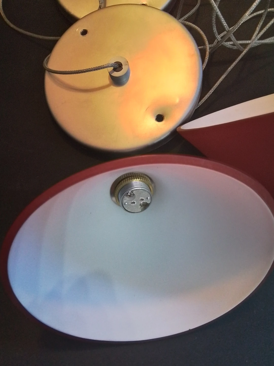 Lot of 3 MCM Style Red Glass Pendant Light Shades & Hardware - photo 2
